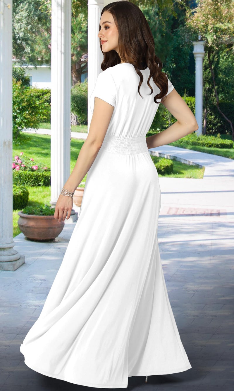 KOH KOH Plus Size Womenâ€™s Long Cap Short Sleeve Flowy Cocktail Semi Formal Prom Gala Black Tie Bridesmaid Wedding Guest Work Dressy Tall Gown Gowns Maxi Dress Dresses, Ivory White XL 14-16 - Image 4